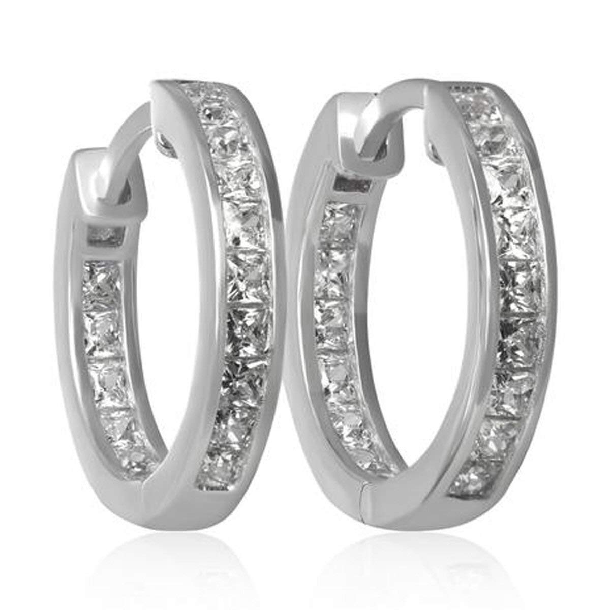 19MM Channel Set Princess Cut Cubic Zirconia (CZ) Huggie Round Hoop Earrings for Women - 925 Sterling Silver