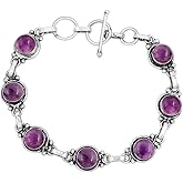 Round Shape Natural & Synthetic Gemstones Silver Plated Bracelets for Women - Vintage Bohemian Style Handmade Birthstone Adjustable Link Bracelet Jewelry Gifts for Wedding Anniversary Mother's Day