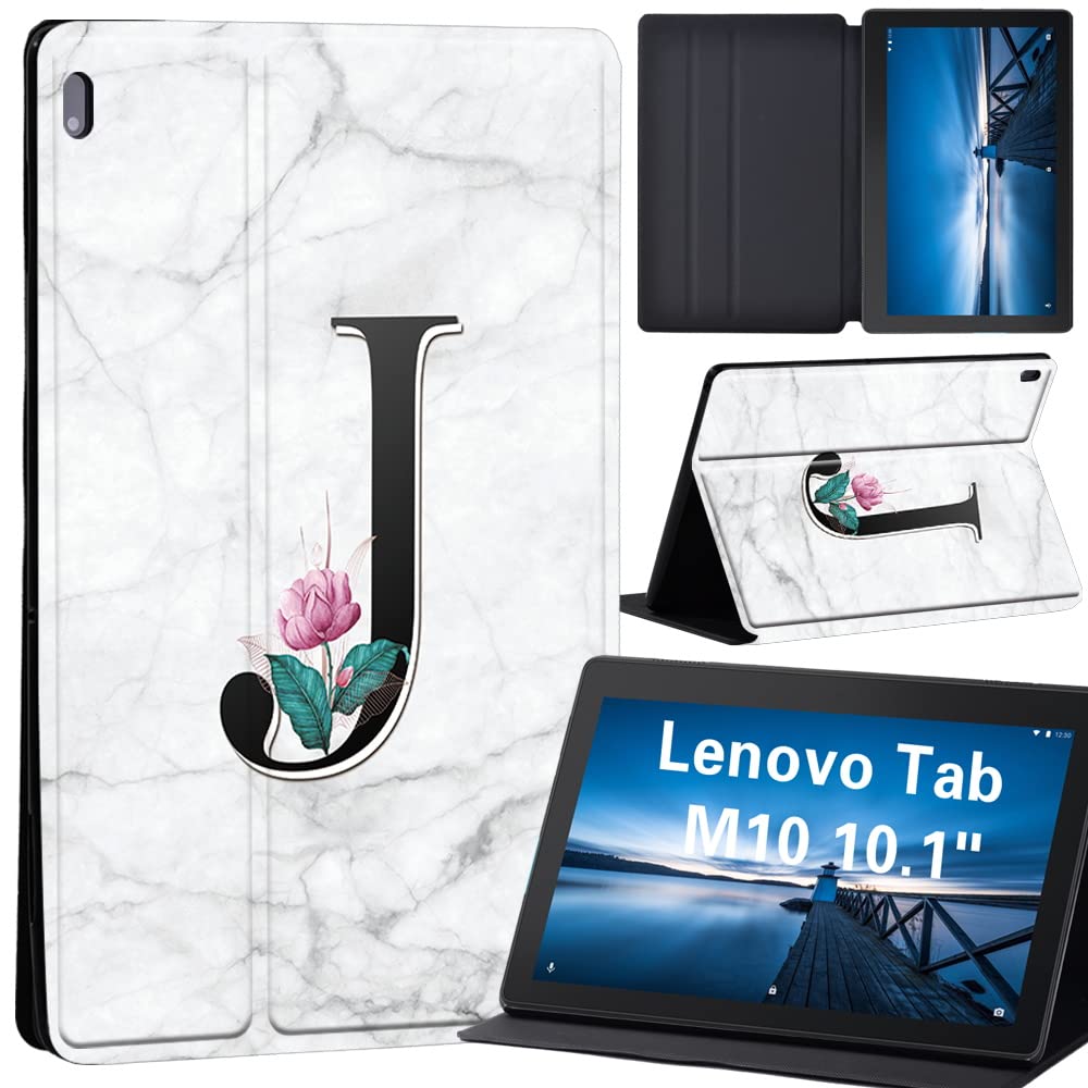 Case for Lenovo Tab M10 TB-X605F/ TB-X605L/ TB-X505F/ TB-X505L - Leather Stand Cover Case for Lenovo Tab M10 10.1-Inch Tablet (letter J on white marble)