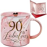 90 & Fabulous Pink Marble Ceramic Mug Gift, Funny 90th Birthday Cup Gifts for Women Grandma Mom Friends Wife Coworker, Happy 90th Birthday Card Gifts Pairs Well With Turning 90th Birthday Gifts, 1
