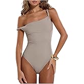 WDIRARA Women's Twist Asymmetrical Neck Sleeveless Bodysuit Going Out Fitted Body Suit