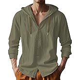 TAFLE Mens Cotton Linen Hoodies Lightweight Long Sleeve Button Down Shirts Casual Hawaiian Beach Yoga Tops Sweatshirts