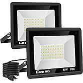 Ceena 2 Pack 60W Plug in LED Flood Light Outdoor, 6000lm Super Bright Floodlight with Switch and 5.9FT Wire, IP66 Waterproof 6000K LED Work Light for Garage, Yard, Patio, Front Door