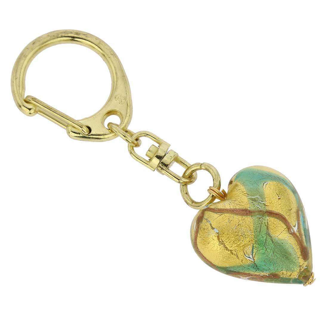 GlassOfVenice Murano Glass Heart Keychain - Aqua Waves Gold