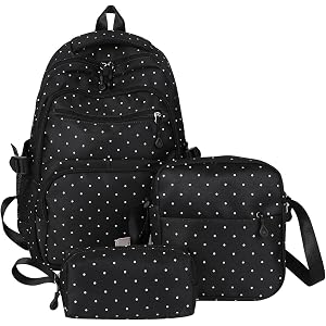 Polka Dot Backpack Set 3Pcs Cute Daypack Kawaii Nylon Backpacks for Travel Daily Use
