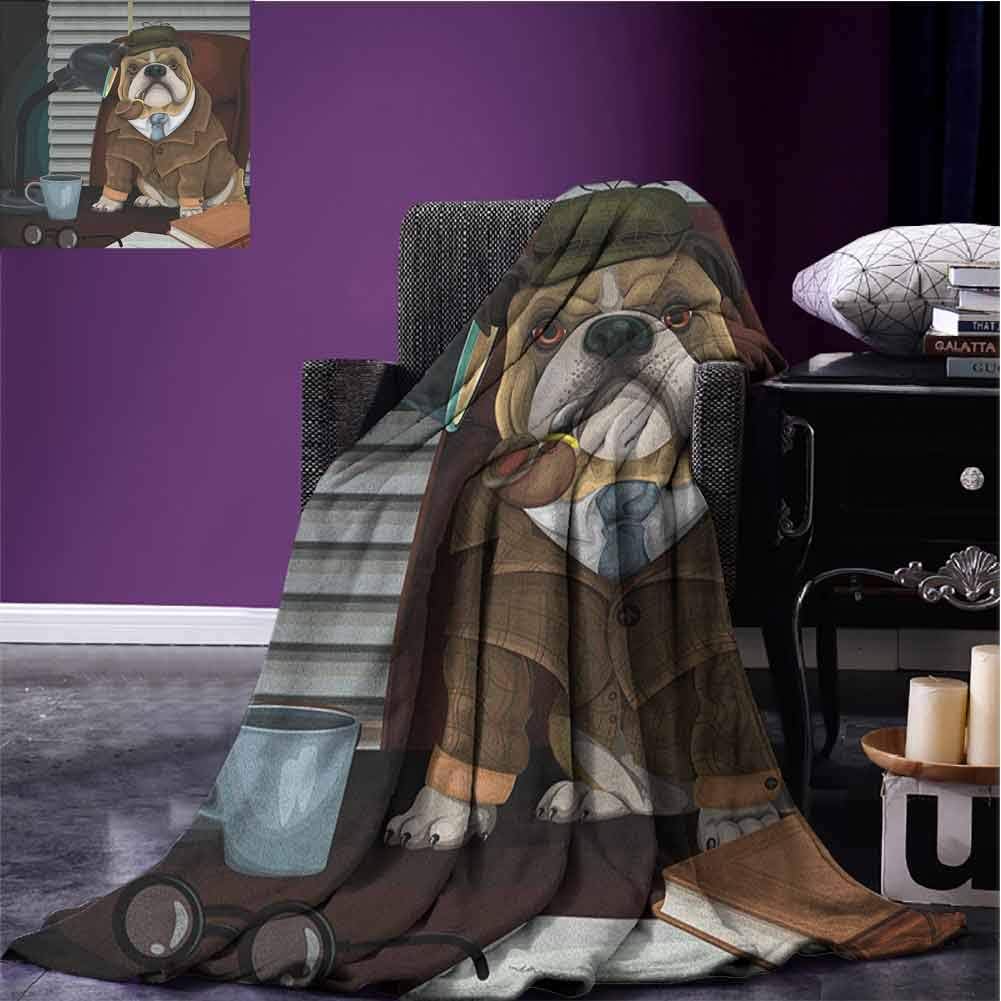 JKTOWN English Bulldog Super Soft and Comfortable Blanket Blanket Couch 60x91 inch Traditional English Detective Dog with a Pipe and Hat Sherlock Holmes Image Multicolor