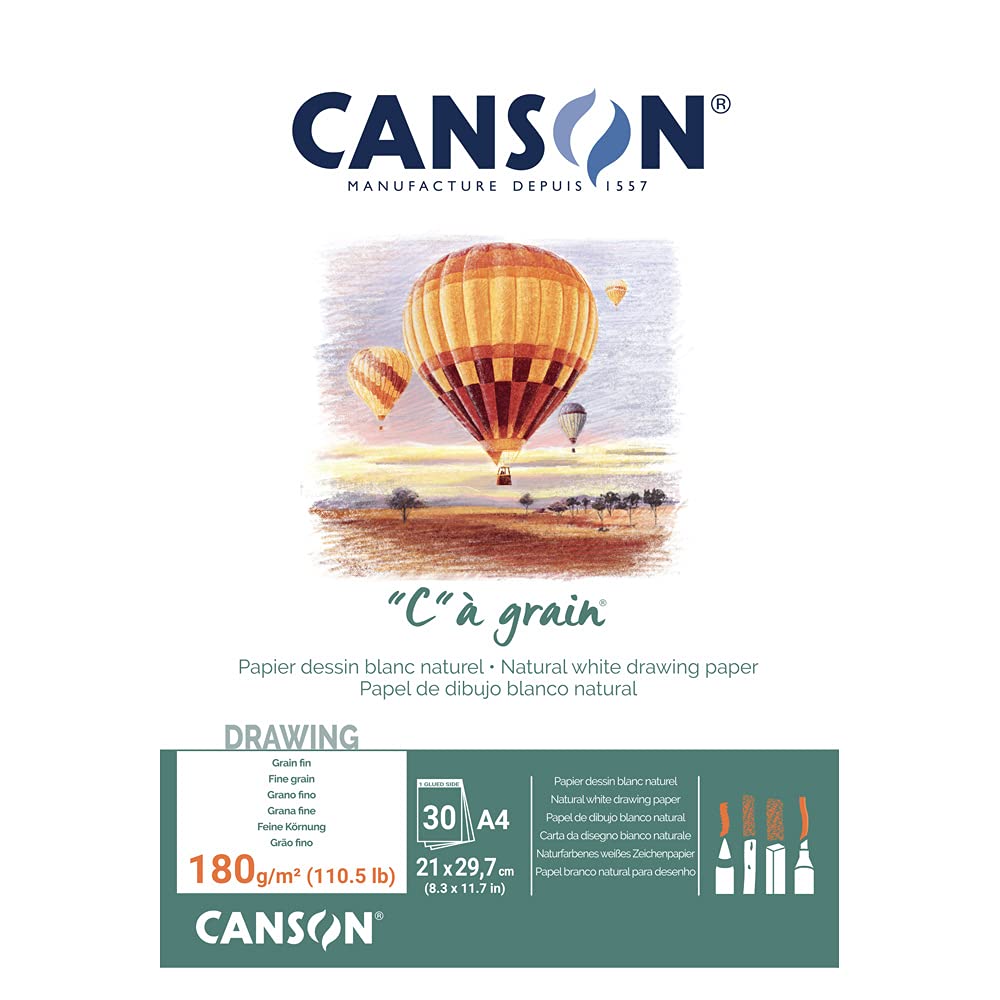 Canson "C à Grain A4 180g White Drawing & Sketching Paper Pad, 30 Sheets, Fine Grain Texture, Glued on Short Side, For Professional Artists