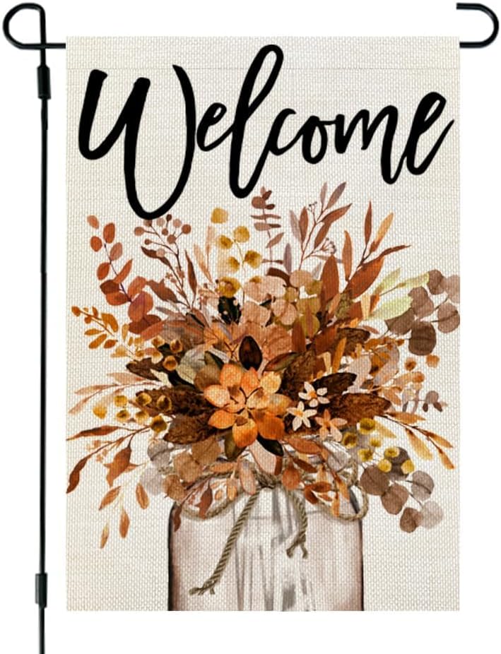 Flags - CROWNED BEAUTY Fall Garden Flag 12x18 Inch Double Sided Small for Outside Welcome Burlap Floral Mason Jar Autumn Seasonal Yard Flag CF1151-12