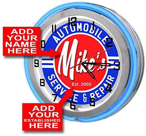 Redeye LaserworksAutomotive Repair Shop Personalized 18" Blue Double Neon Garage Clock from