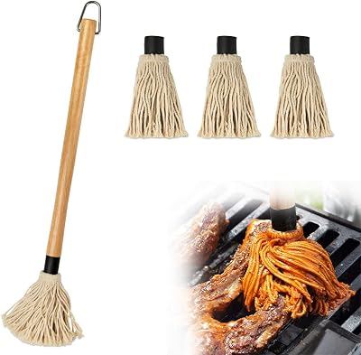 YFWOOD 18 Inch Barbecue Basting Mop with 3 Replacement Heads Wooden Handle