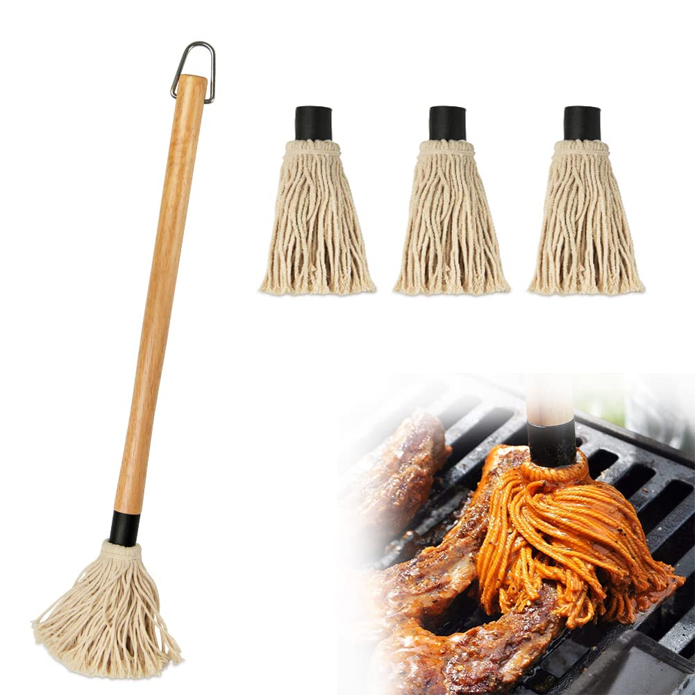Barbecue Basting Brushes, YFWOOD Grill Basting Mop 18inch/45.7CM Wooden Long Handle with 3 Extra Replacement Heads for BBQ Grilling Smoking Steak
