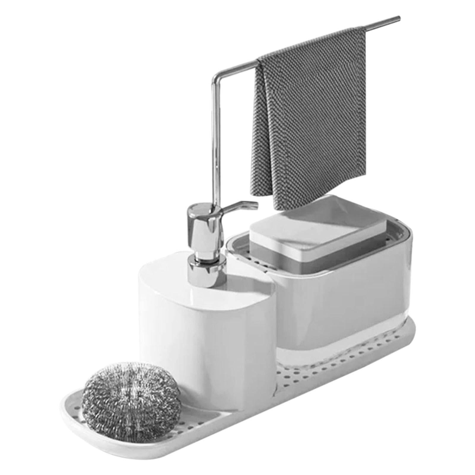 Soap Pump Dispenser with Stainless Steel Rag Holder and Push Bottle, Multi-Purpose Kitchen Sink Counter Organizer with Drainage Tray, Can Refill Detergent(White)