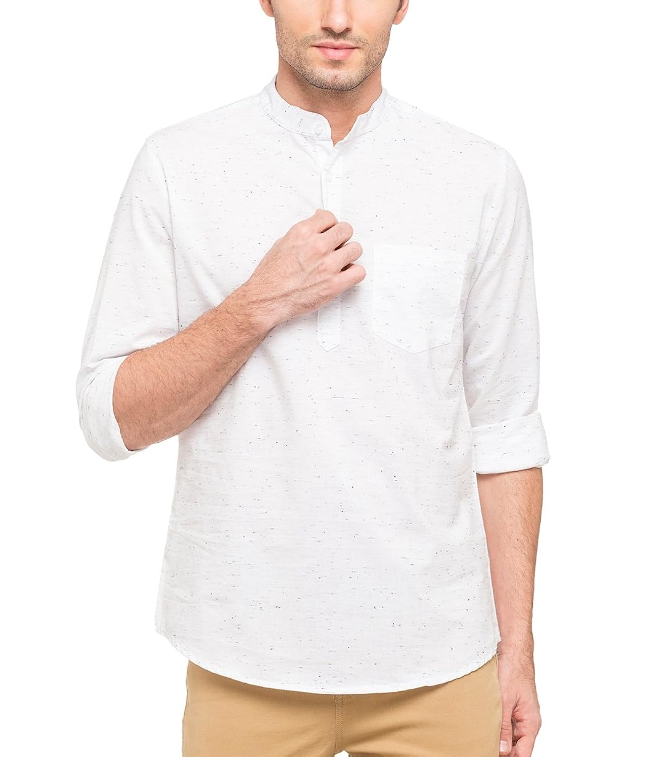 nick&jess men's ethnic wear : white melange printed cotton short kurta shirt