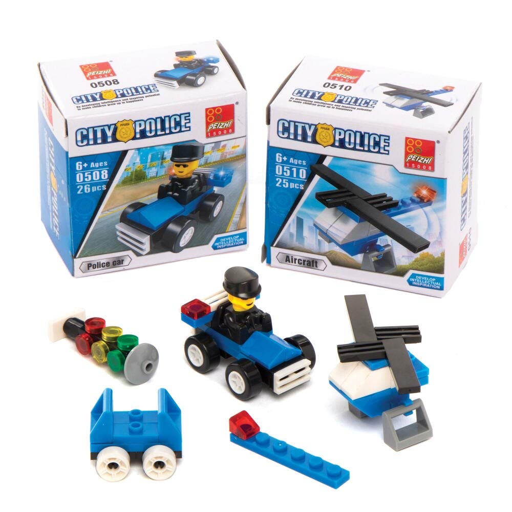 Baker Ross AX381 Police Building Brick Kits - Pack of 4, Emergency Vehicle Construction Toys for Kids Great for Small Gifts, Party Favours and Pocket Money Toys