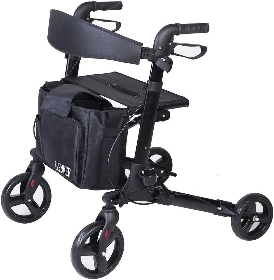ELENKER Medical Four Wheels Rollator Walker with Seat, Cane Holder and