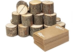 Jofefe 20Pcs Wood Place Card Holders and 24Pcs Kraft Table Place Cards, Rustic Table Number Holders, Food Labels, Name Card Photo Picture Holders for Harvest Fall Thanksgiving Wedding Birthday Party.