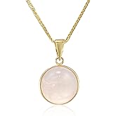 14K Solid Yellow Gold Rose Quartz Vintage Style Round Large Pendant; Dainty Rose Quartz Jewelry For Women; Handmade Classic Style Rose Quartz Pendant For Women