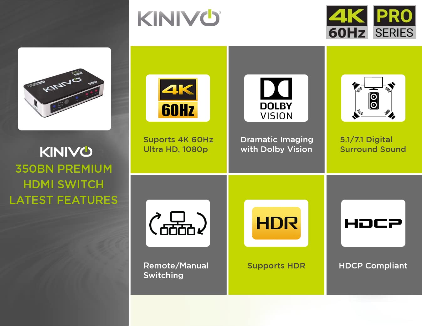 HDMI Switch 4K HDR 350BN (3 in 1 Out, 4K 60Hz HDR, HDMI 2.0, High Speed 18Gbps, IR Remote, HDCP) - Compatible with Roku, PS5, Xbox, Apple TV, Nintendo Switch, Cable Box