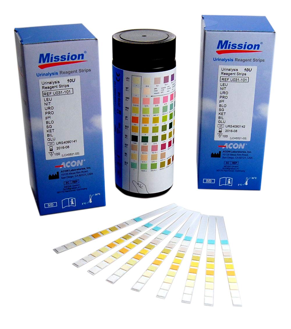 Mission 10 Parameter Professional / GP Urinalysis Multisticks Urine Strip Test Stick Strips for Blood, Billirubin, Urobiligen, Ketone, Protein, Nitrite, Glucose, PH, Specific Gravity, Leucocytes - Pack of 100 strips