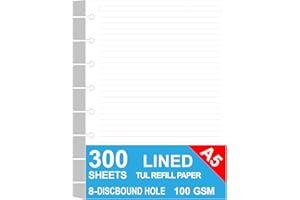 NOKINGO Junior Size Discbound Refill Paper - 8 Discs Discbound Paper, Lined Arc Paper Refill, 100gsm, Disc Paper Refill White Paper, 300 Sheets/600 Pages, 5.8 X 8.25 in