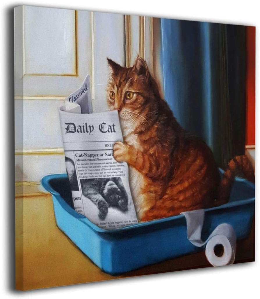Cat Toilet Reading Newspaper Painting Orange Tabby Litter Box Canvas Picture Bathroom Laundry Room Decor Cute Kitty Animal Artwork Framed 12&lsquo;&rsquo;X12'' Inch