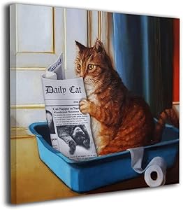 Cat Toilet Reading Newspaper Painting Orange Tabby Litter Box Canvas Picture Bathroom Laundry Room Decor Cute Kitty Animal Artwork Framed 12&lsquo;&rsquo;X12'' Inch