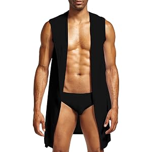 LBOVBE Men's Sleeveless Hooded Kimono Robe Open Front Lightweight Ice Silk Nightshirts Casual Beach Spa Loungewear Vest
