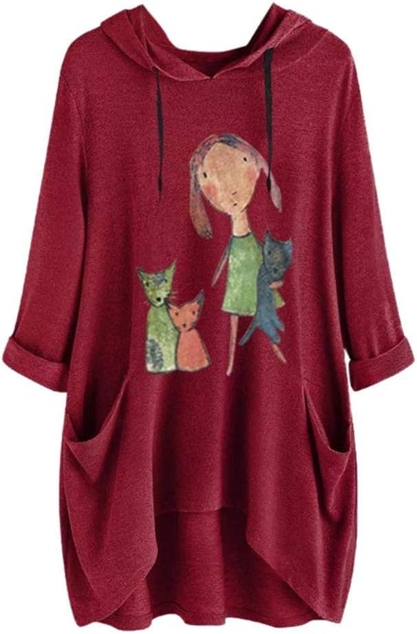 2019 New Selling Tops for Women Casual Plus Size Long Sleeve Cat Print Pocket Irregular Hooded Sweatshirt Pullover