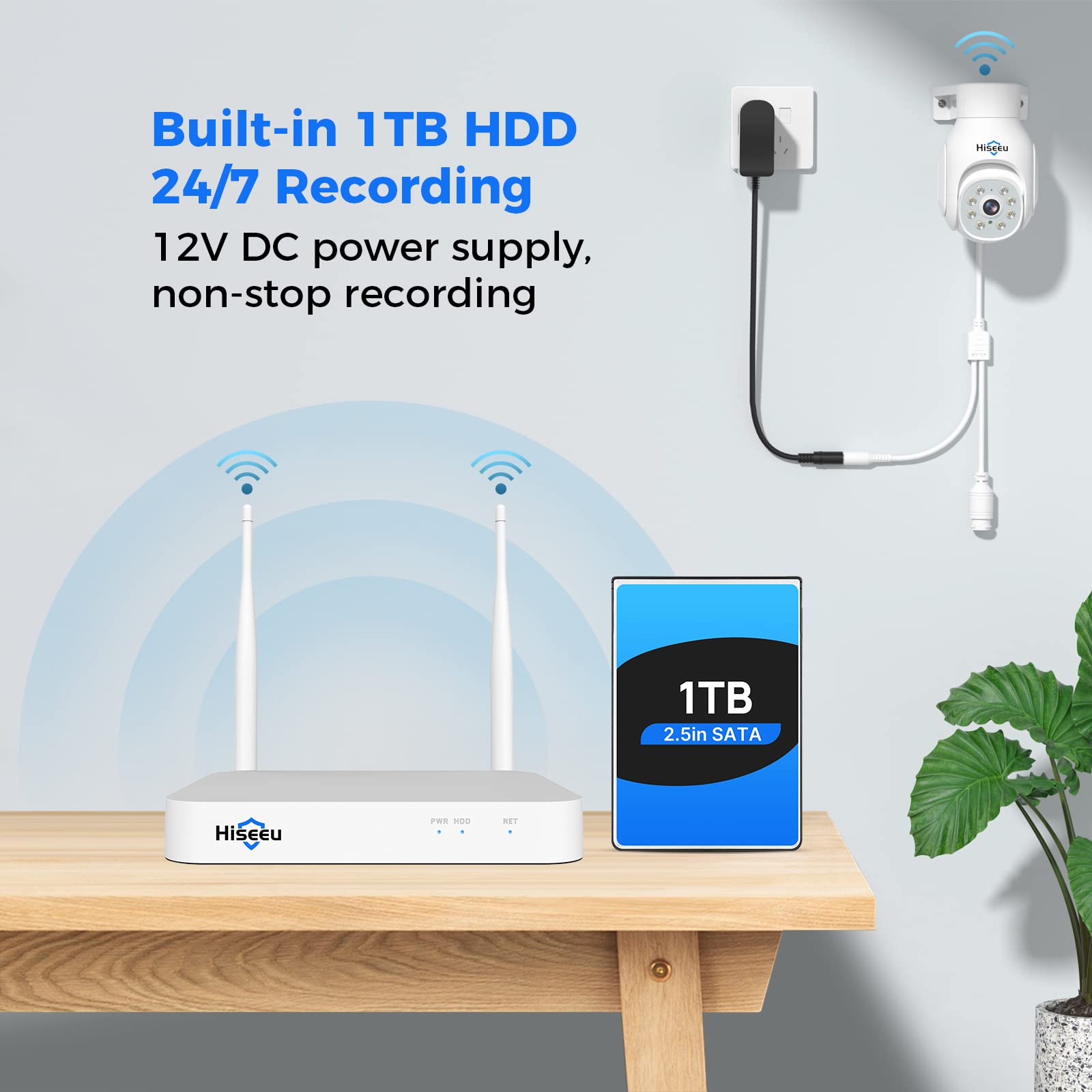 Hiseeu 5MP Wireless PTZ Security Camera System, Indoor Outdoor IP66 Waterproof WiFi Camera, 4K 10CH NVR, 2-Way Audio, Motion Detection Alarm, 24/7 Surveillance, 1TB Hard Drive (Plug-in Power Supply)