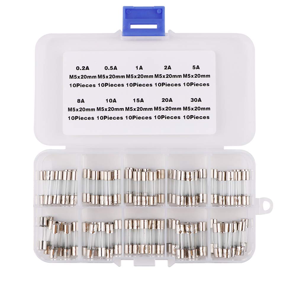 HDmirrorR 100pcs 5x20mm Glass Fuses Fast-blow 0.2A 0.5A 1A 2A 5A 8A 10A 15 20A 30A for Car Motorbike Boat with Plastic Box, Quick Blow Tube Fuses