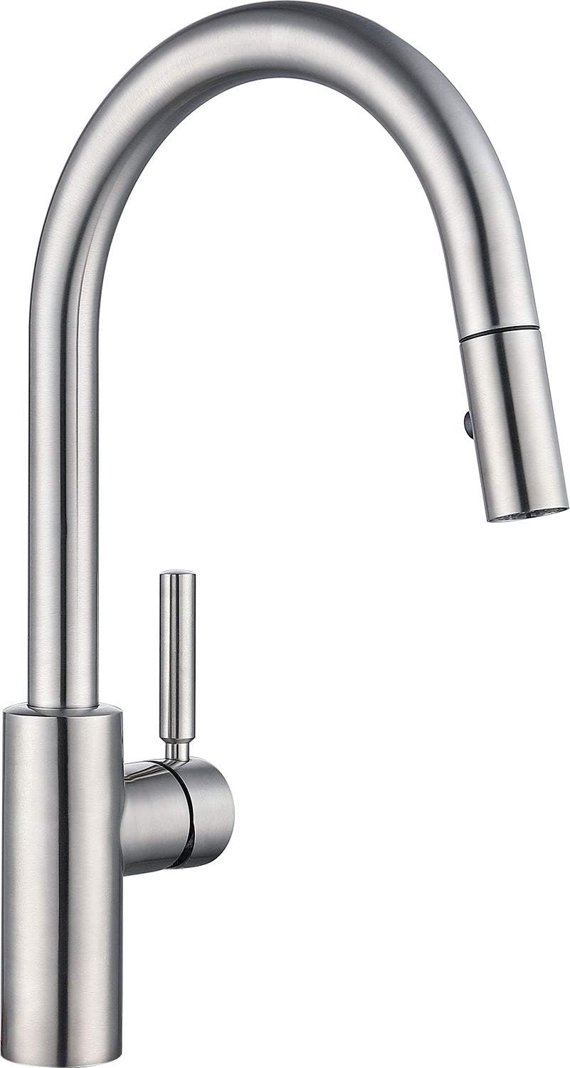 JUSTOPIN Luca Kitchen Faucet with Pull Down Sprayer, Modern Single Handle Pull Out Kitchen Sink Faucet, 1 or 3 Hole Mounted with Deckplate, ColdStart, Brushed Stainless Steel ZPNAKF1BN - - 