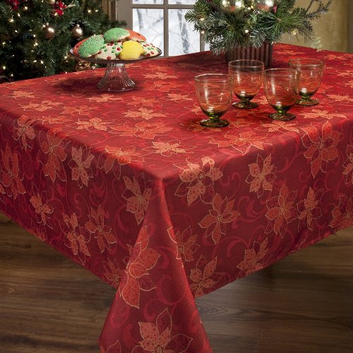 Benson Mills Poinsettia  Scroll Printed Fabric Tablecloth, 60-Inch-By-104 Inch