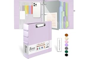 BVSSX Leather 3 Ring Binder, 2 Inch Binders with Clipboards, 5-Tabs Pockets Dividers, 18 Divider Stikers, Plastic Folder, Pen Holder, Three Ring Binder with Pen Holder(Purple, Letter Size)