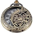 Bronze Men's Antique Mechanical Pocket Watch, Skeleton Mechanical Roman Numerals Pocket Watch with Chain + Box