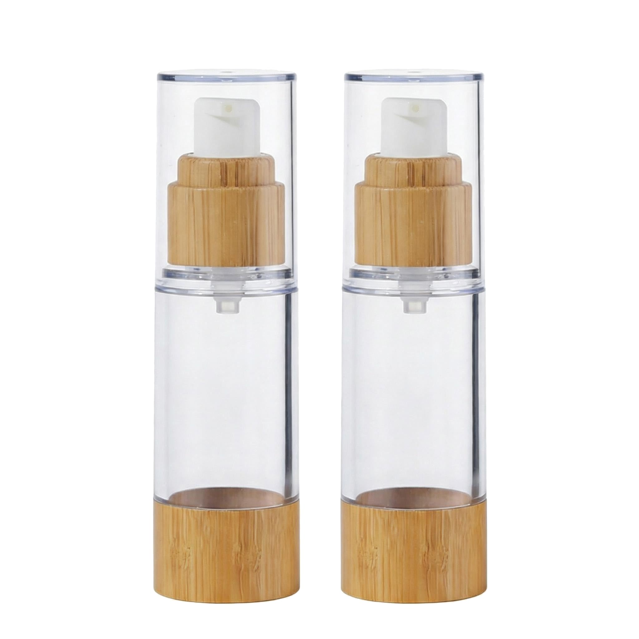 VASANA 2PCS Airless Pump Bottles Empty Refillable Plastic Vacuum Emulsion Bottle Lotion Dispenser Cosmetics Vials Containers With Bamboo Pump Head For Cream Essential Oils Liquid Cleanser Shower Gel