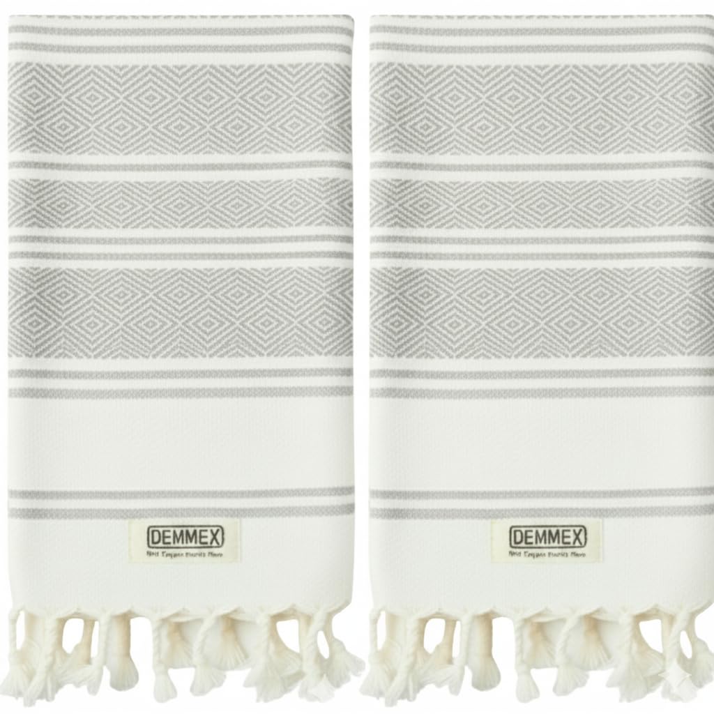 DEMMEX Certified Organic & OEKO-TEX Turkish Cotton Hand Towels - Set of 2, Quick Dry, Absorbent for Bathroom, Kitchen, Travel – Soft Diamond Weave, Prewashed, 45X90cm (Grey)