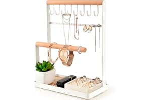 PAMANO Jewelry Organizer with Velvet Ring Holder Necklace Stand, 4-Tier Hanging Wooden Tray, 8 Hooks Necklaces Storage 12 Earring holes, Bracelets, Rings & Watches Display On Desk Tabletop - White