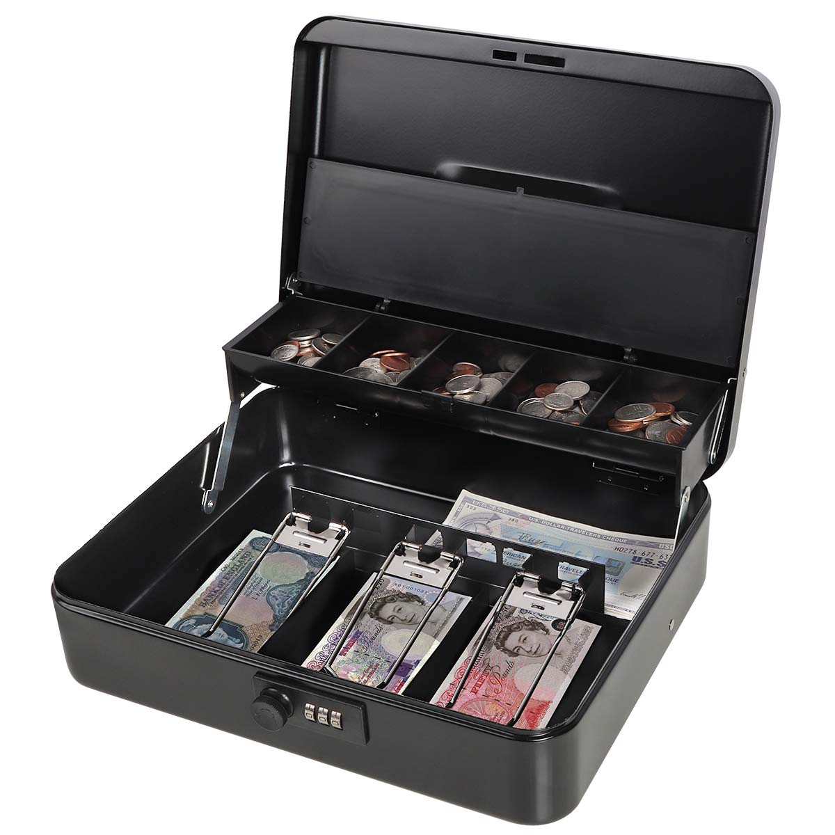 Parrency Locking Large Metal Cash Box with Money Tray, Money Box with Combination Lock, 11.8L x 9.5W x 3.5H Inches, Black