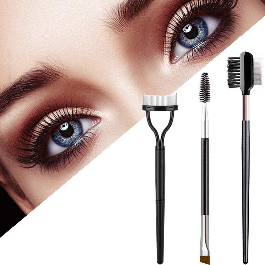 KINGMAS 3Pcs Duo Eyebrow Brush and Spoolie & Eyelash Comb Curlers & Steel Brow Brush Comb Makeup Grooming Tool: Beauty