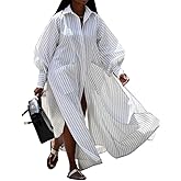 UOOZEE Women's Puff Long Sleeve Button Down Loose Maxi Shirt Dress Side Slit Spring Summer Beach Dress