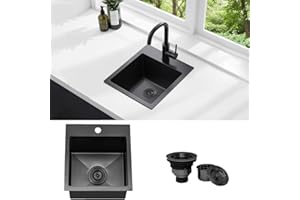 KINGO HOME Black Bar Sink Drop In,13 x 15 Inch Topmount RV 16 Gauge Gunmetal Black Stainless Steel Single Bowl Small Kitchen Sinks,Outdoor Camper Wet Bar Perp Sink with Drain