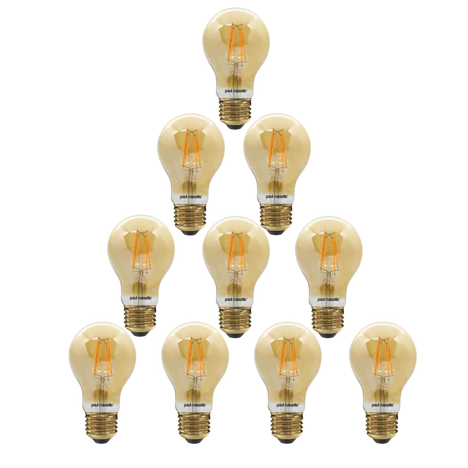 paul russells E27 Edison Screw LED Filament – 7Watt 50W Equivalent 680LM Lumens 2200K ES Standard GLS A60 – Amber Bright Energy Saving Light Non-Dimmable – Extra Warm White Bulbs - Pack of 10
