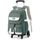 LANSHIYA Solid Color Rolling Backpack for Girls Boys Cute Elementary school bag with wheels,Green Trolley Bags for Travel