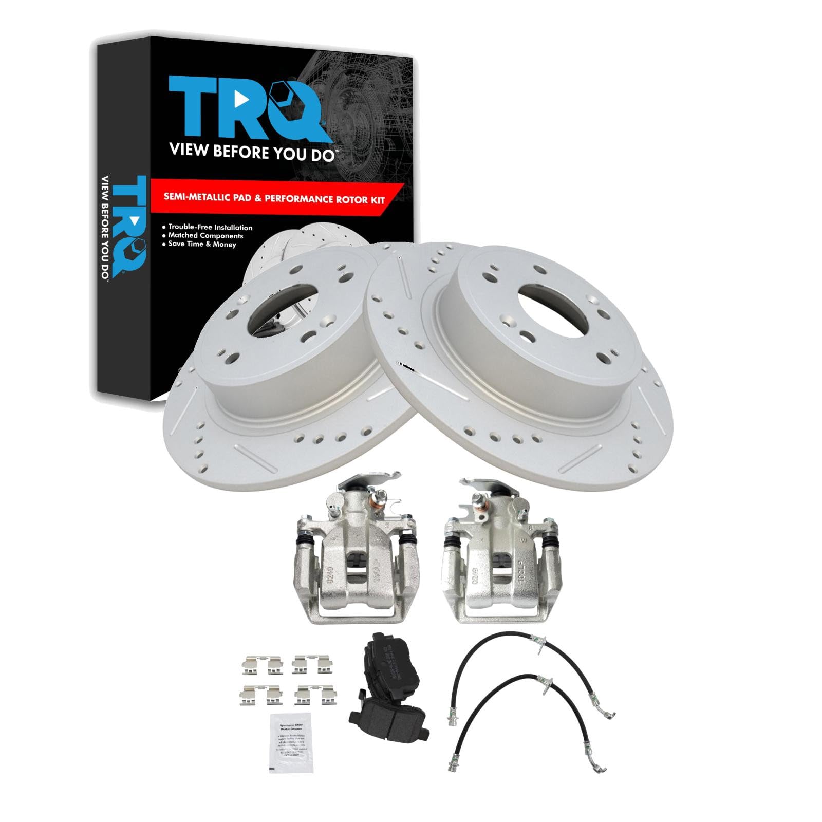 TRQ Rear Brake Pad and Rotor Set Semi Metallic Slotted Drilled Coated Rotors Calipers Compatible with 2013-2017 Honda Accord