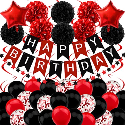 Recosis Black and Red Birthday Decorations - Happy Birthday Banner for Boys Girls Men Women Party Supplies