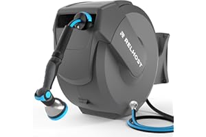 Relhost Retractable Garden Hose Reel 100 ft x 5/8 in, Heavy Duty Hose Reel Wall Mount with Any Length Lock, Auto Rewind System, 180° Swivel Bracket, 10-Pattern Garden Hose Nozzle, Dark Grey