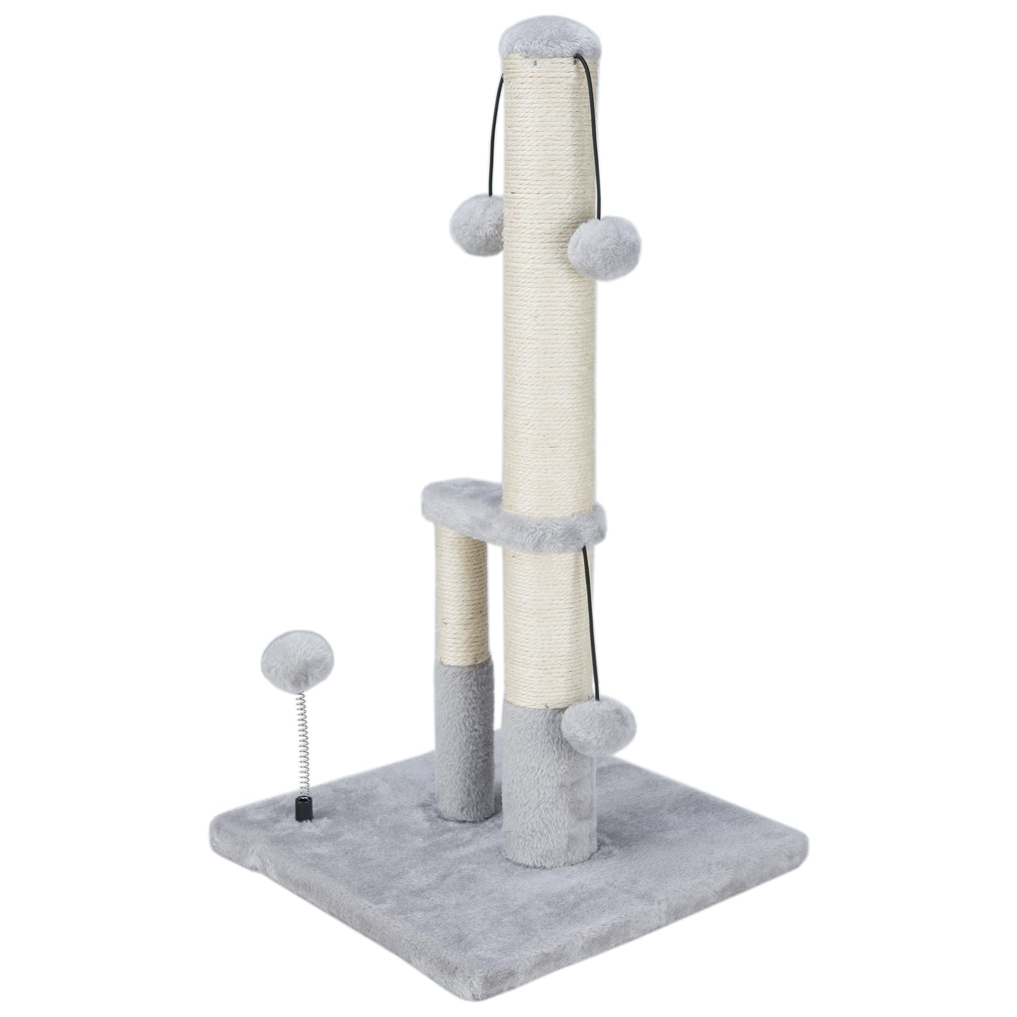 Photo 1 of Dimaka Tall Cat Scratching Post, Double Lower Posts Extra Stable Cat Post Tree Scratcher with Sisal Rope and Teasing Balls, 4 Balls Total Large Base (Grey 26"
