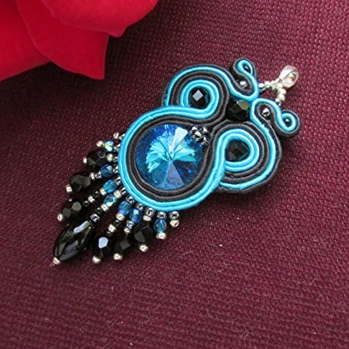 Women's blue black soutache pendant pendent necklace with aquamarine rivioli crystal boho bohemian flamenco style colorful handmade unique jewelry for women best gift idea