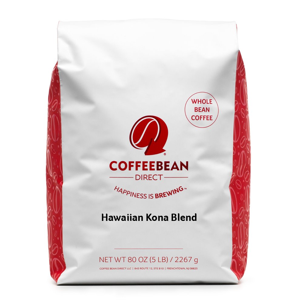 Coffee Bean Direct Hawaiian Kona Blend Coffee, Light Roast, Whole Bean, 5 Pound