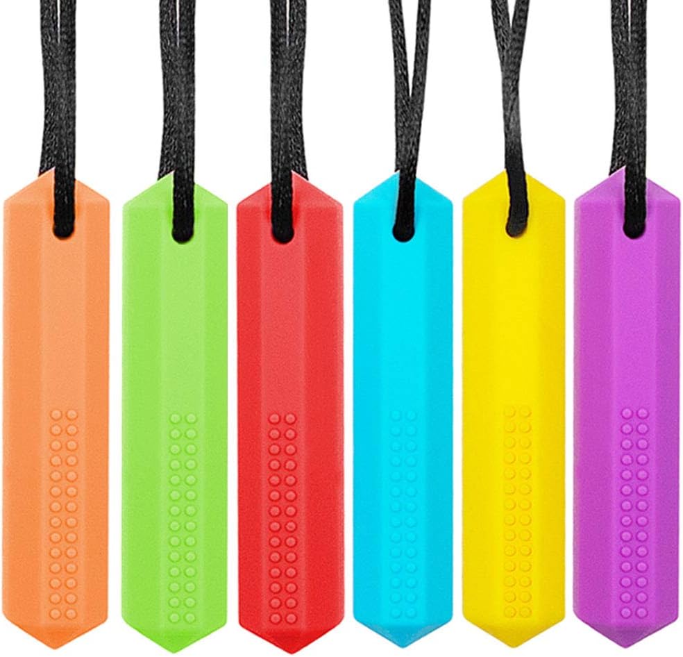 Dsaren 6 Pieces Chew Necklace Food Grade Silicone Chew Sensory Toys Teether Necklace Multicolor for Children Autism Anxiety Deficit Hyperactivity Disorder SPD